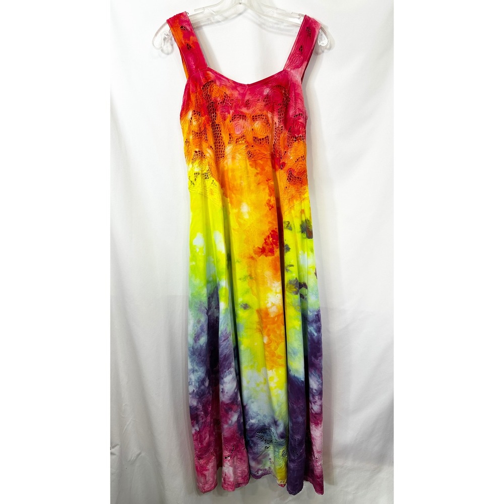 Tie Dye Medium Maxi Dress Handmade Rainbow Eyelet Hem Sleeveless Vacation 1760 - Picture 2 of 15